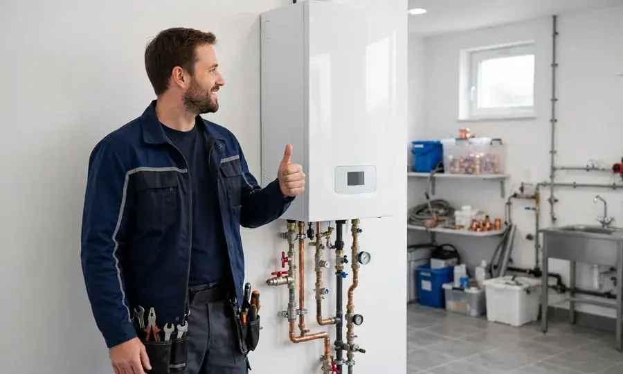 Heating technician beside a modern boiler