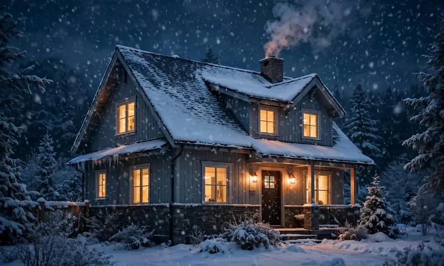 Heating service van in snow at night
