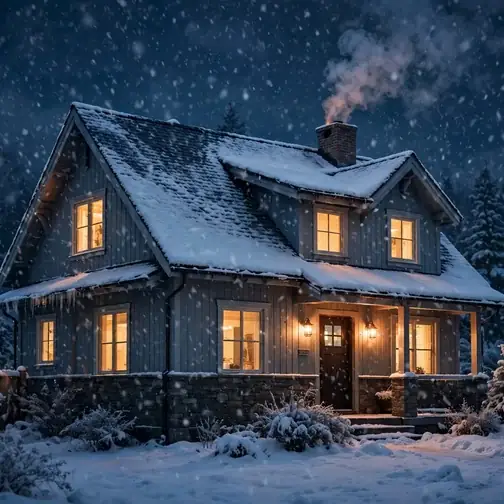 Warm-lit home in Allentown on a snowy night during a heating emergency
