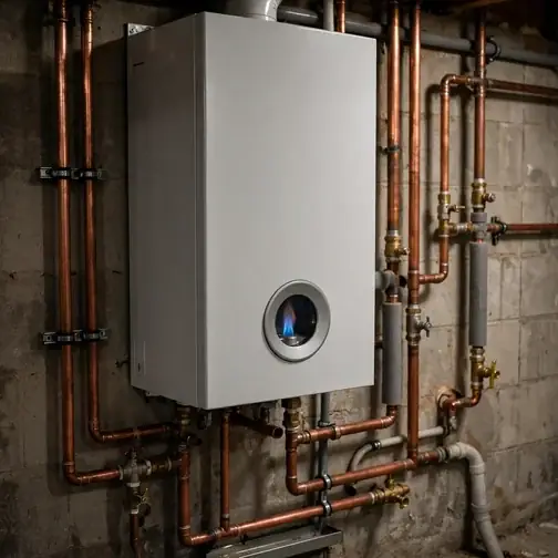Modern gas boiler with copper piping in an Allentown basement