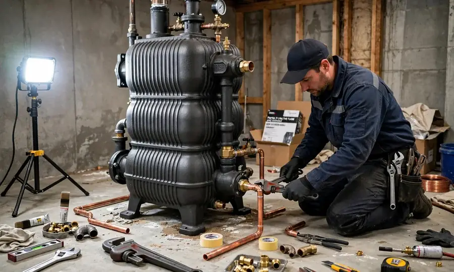 Newly installed wall-mounted boiler with copper pipework