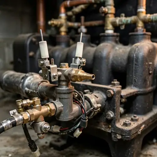 Oil-fired boiler burner close-up in an Allentown home basement