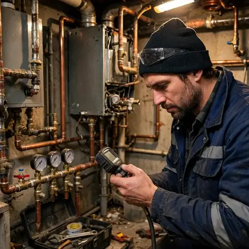 Technician diagnosing a residential boiler with pressure gauges in Allentown, Pennsylvania