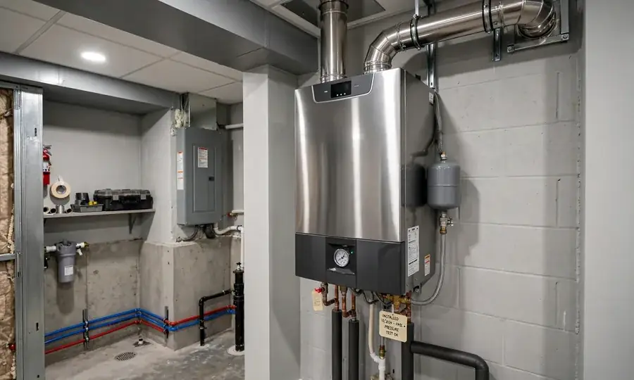 Newly installed wall-mounted boiler with copper pipework