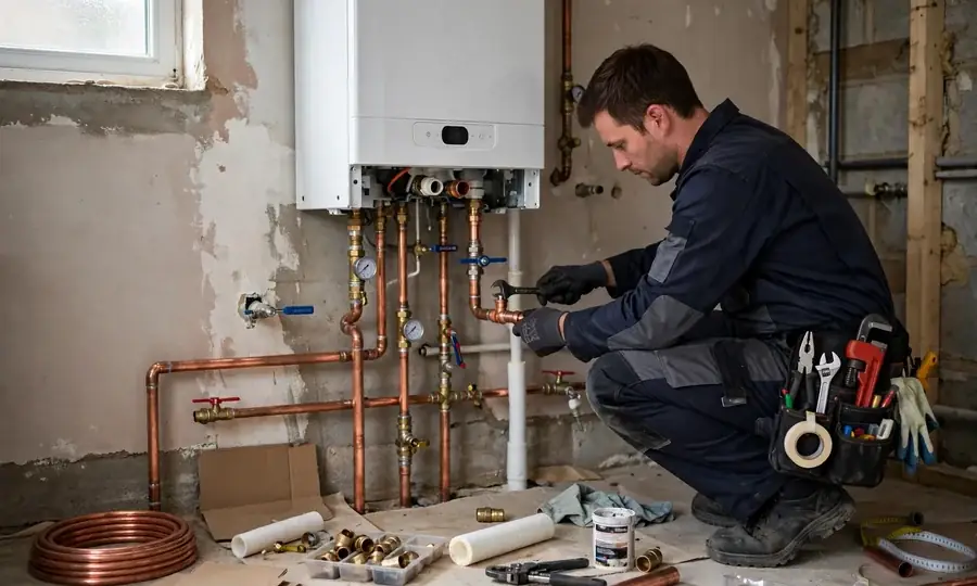Newly installed wall-mounted boiler with copper pipework