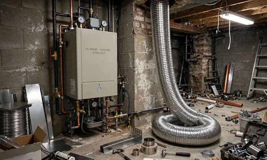 Newly installed wall-mounted boiler with copper pipework