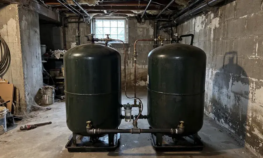 Home heating oil tank with fuel line to burner
