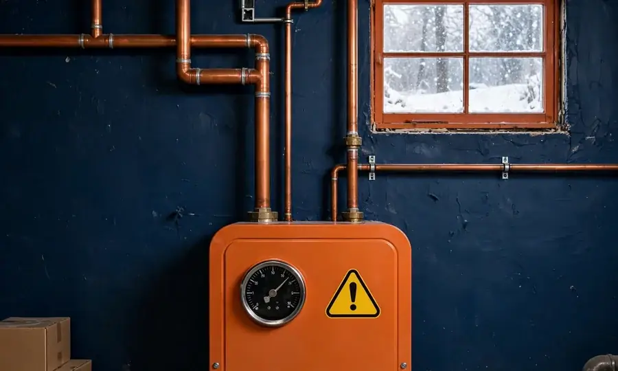 a technician servicing a boiler in a brick rowhouse basement at night