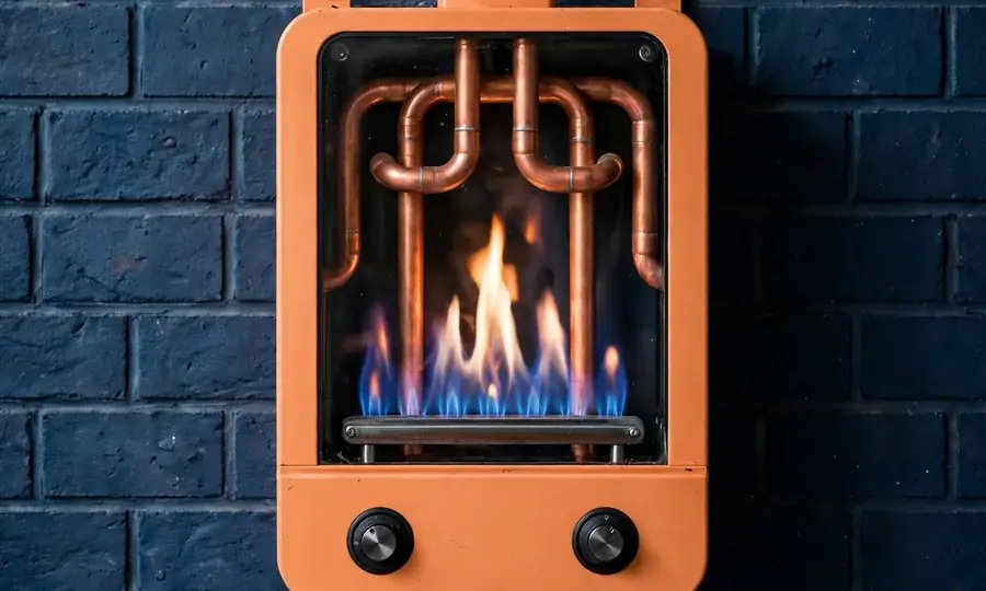 blue gas flames inside a compact gas boiler