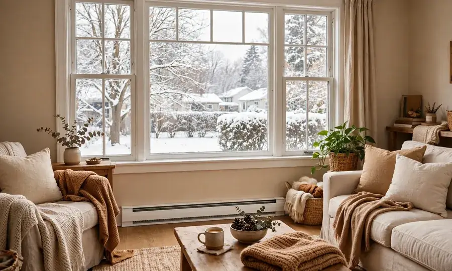 Living room with a baseboard heater under snowy windows