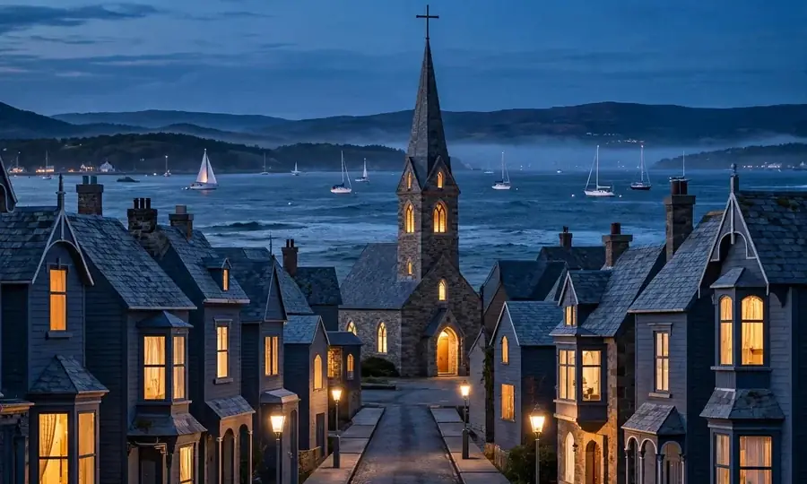 Bay Shore village homes at dusk