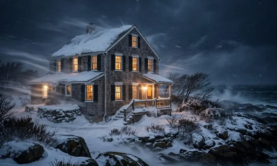 Heating service van in snow at night