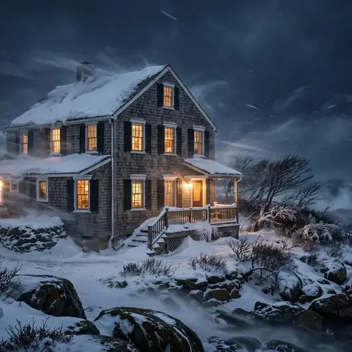 Coastal New England home with warm lit windows during a heavy winter storm at night