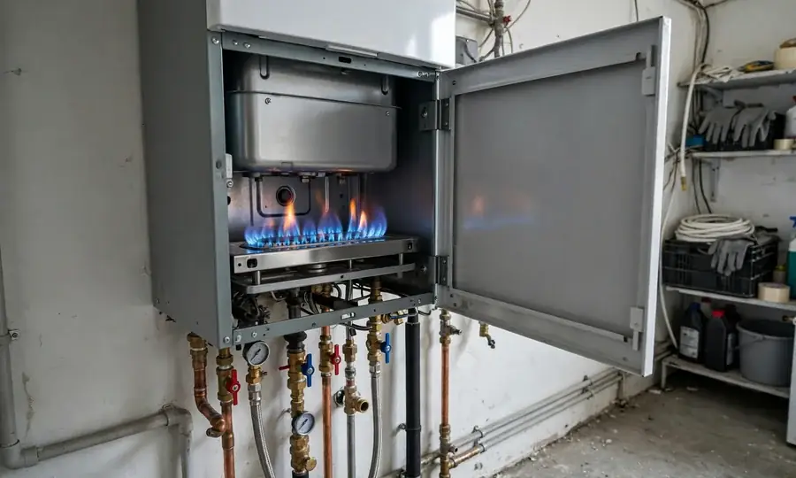 Blue gas flames inside a boiler combustion chamber
