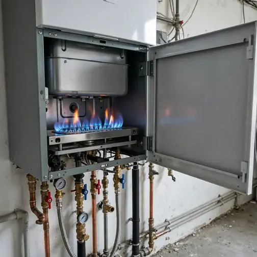 Gas boiler with blue burner flames visible behind an inspection panel