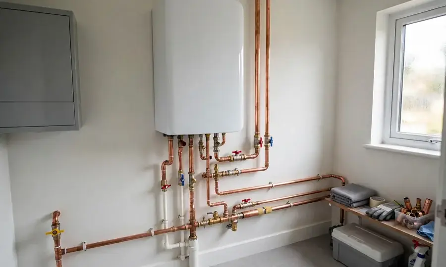 Newly installed wall-mounted boiler with copper pipework