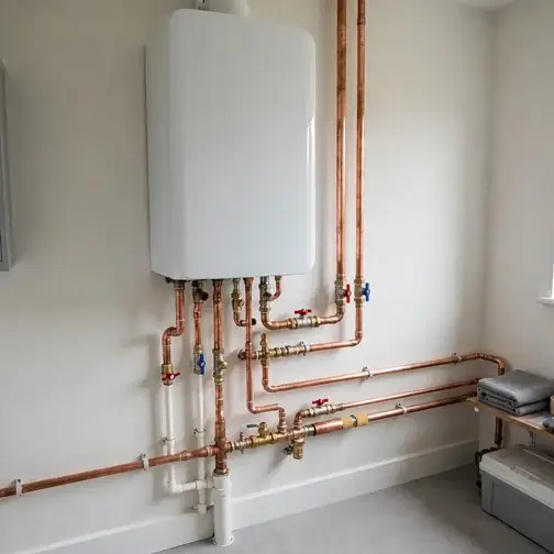 New high-efficiency boiler installed in a clean home utility room with copper piping