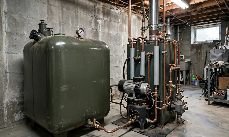 Home heating oil tank with fuel line to burner