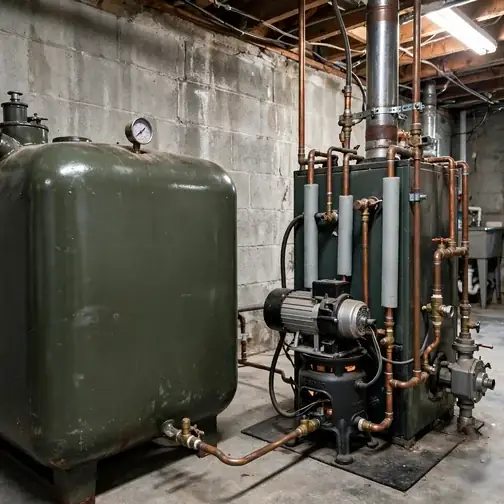 Home heating oil tank and oil burner in a basement utility room