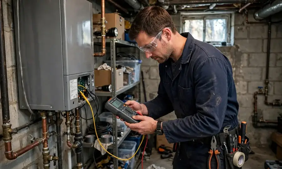 Technician checking boiler pressure gauges