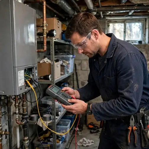 Heating technician checking boiler controls during a diagnostic visit in a Beverly home