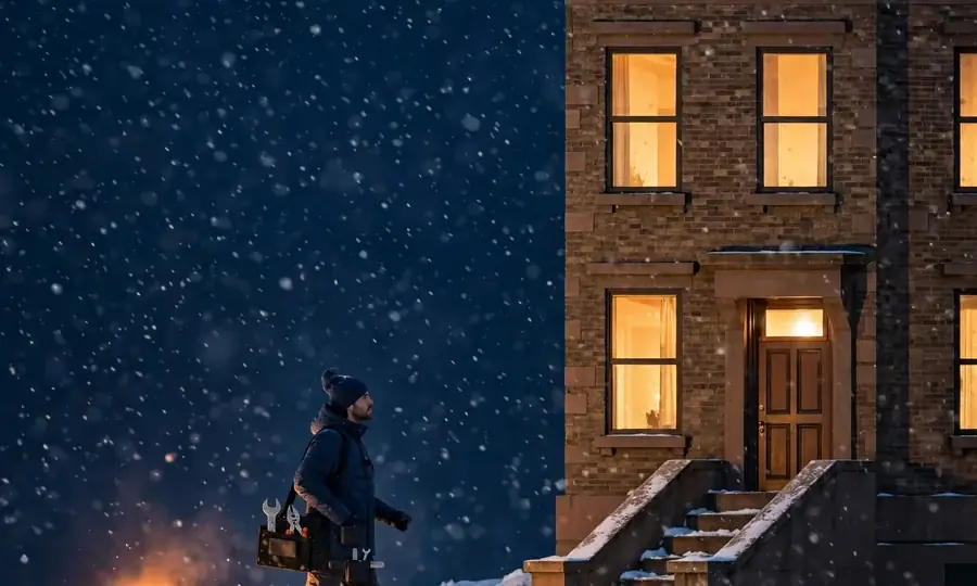 Technician arriving at a Brooklyn brownstone on a snowy night