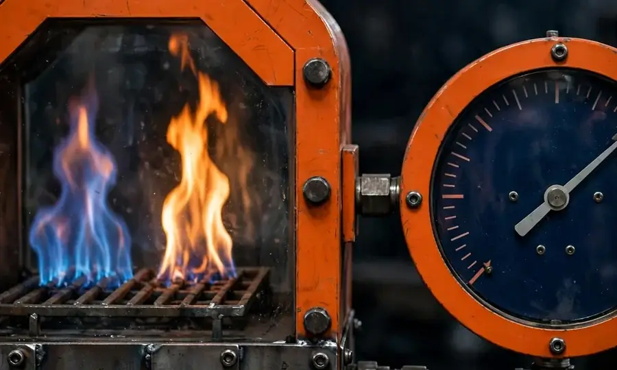 Blue gas flames inside a Brooklyn boiler combustion chamber