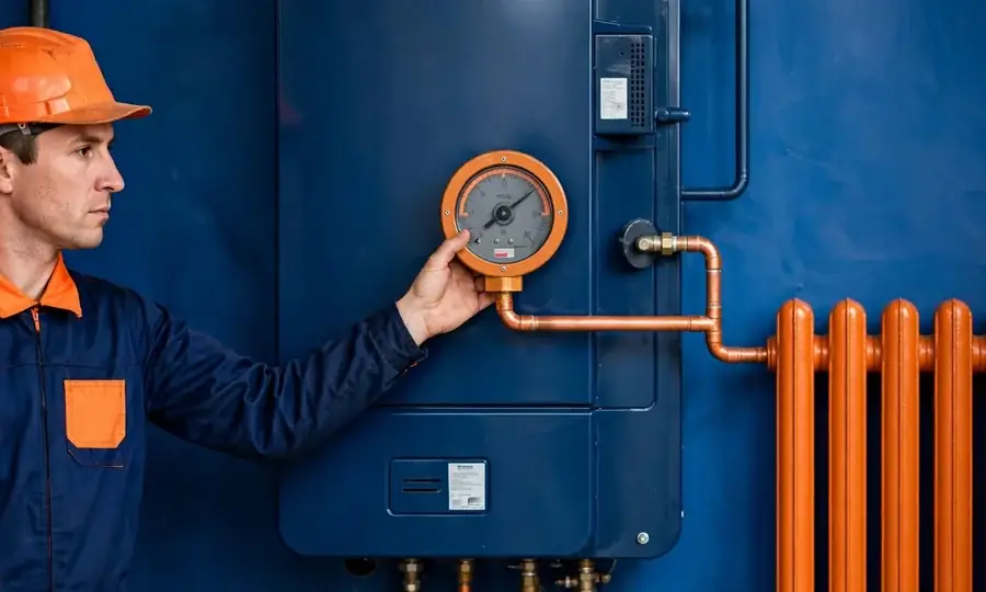 Technician checking a pressure gauge on a Brooklyn boiler
