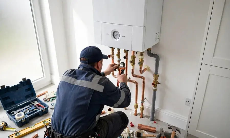 Technician installing a wall-mounted boiler with copper pipework