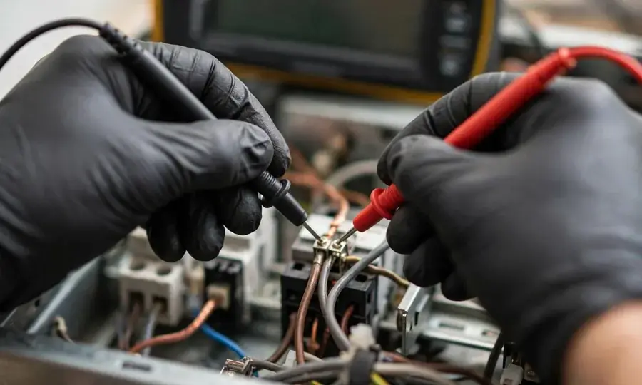 Technician testing boiler wiring with multimeter probes