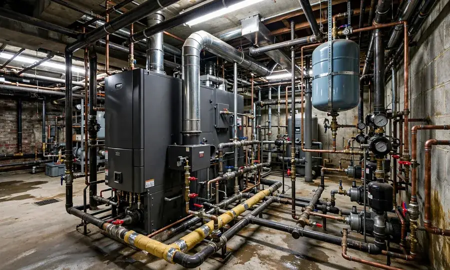 Blue gas flames inside a boiler combustion chamber