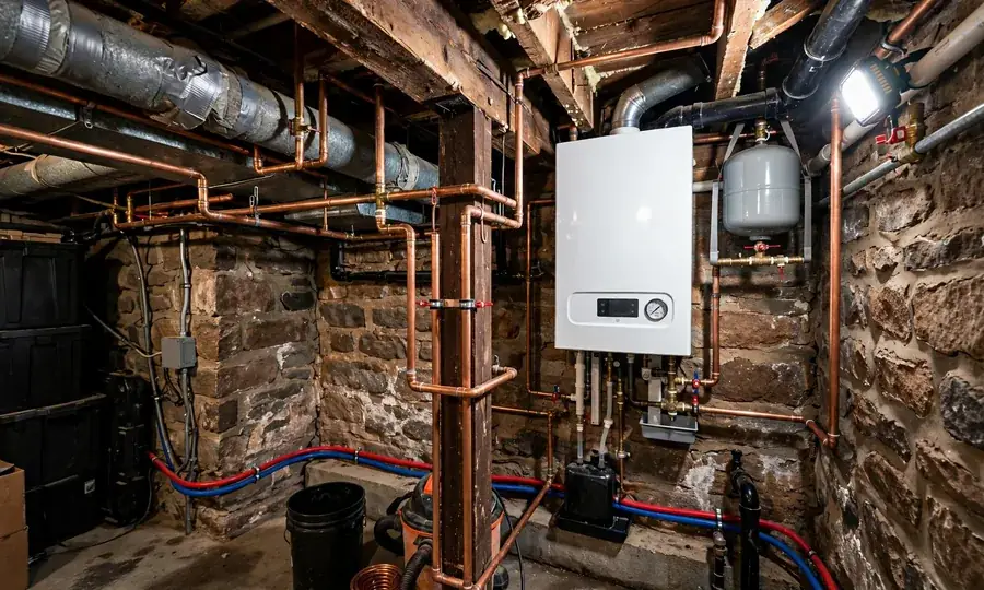 Newly installed wall-mounted boiler with copper pipework