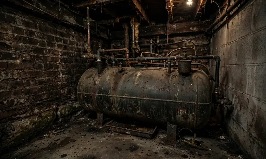Home heating oil tank with fuel line to burner
