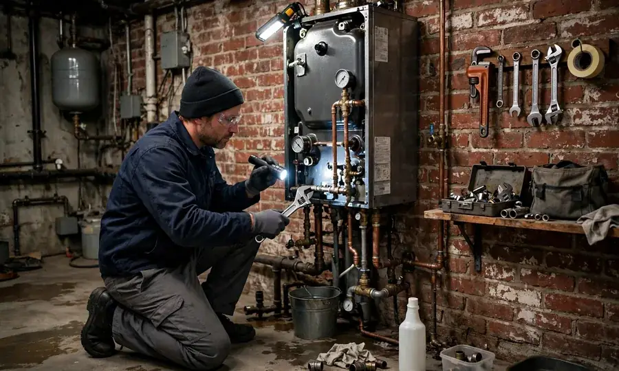 Technician checking boiler pressure gauges