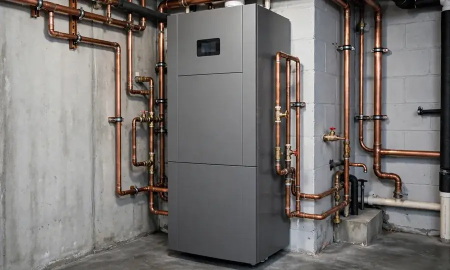 Floor-standing boiler with extensive copper pipework