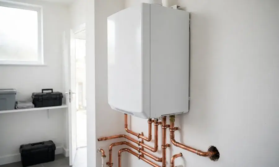 Wall-mounted white boiler with copper pipes below