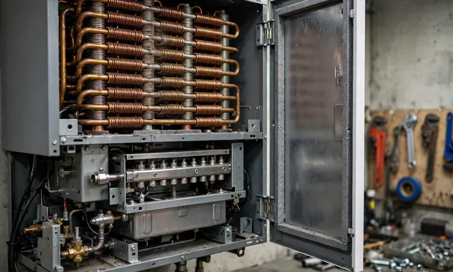 Open boiler cabinet showing internal components and wiring