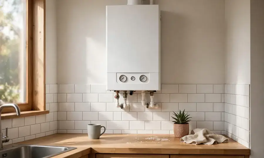 Wall-mounted condensing boiler installed in a kitchen
