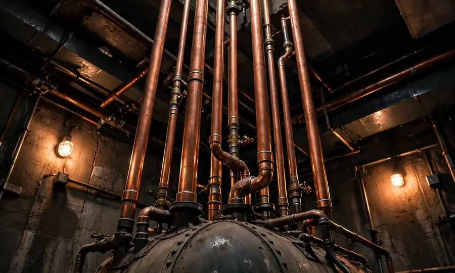Copper supply pipes connected to a basement boiler