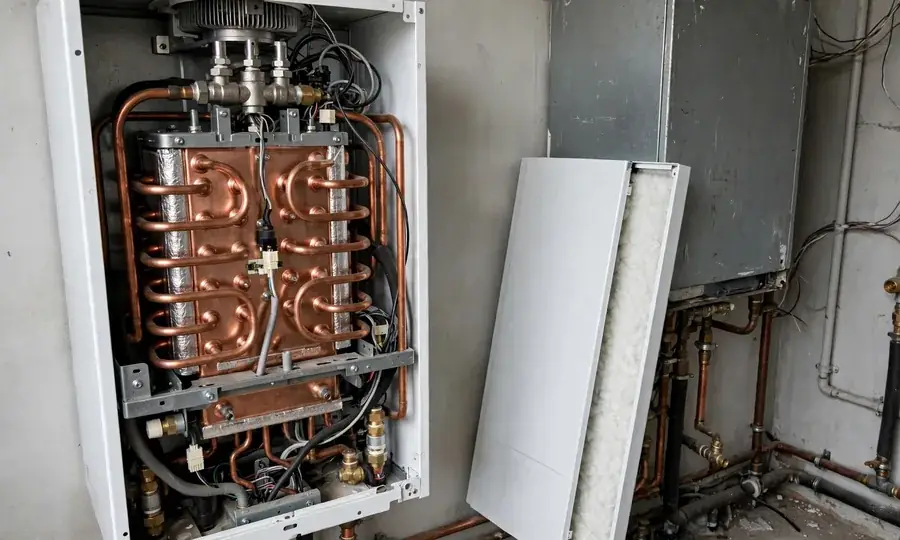 Open boiler cabinet showing the copper heat exchanger