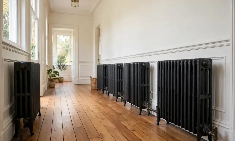 Hallway heated by black cast-iron column radiators