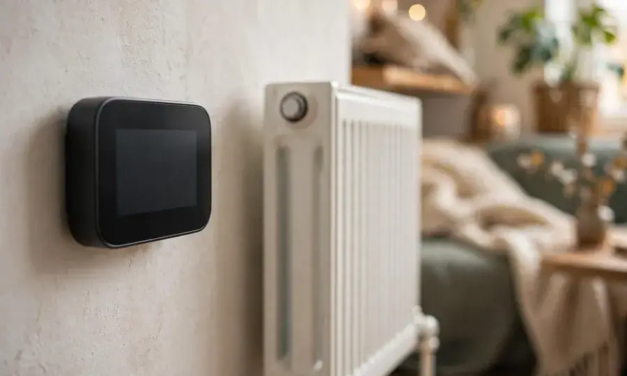 Wall thermostat beside a panel radiator