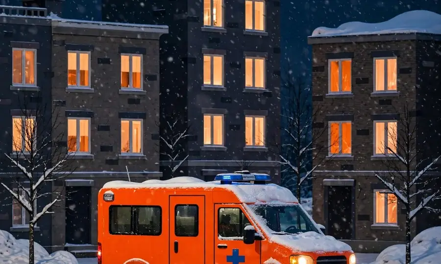 Heating service van in snow at night