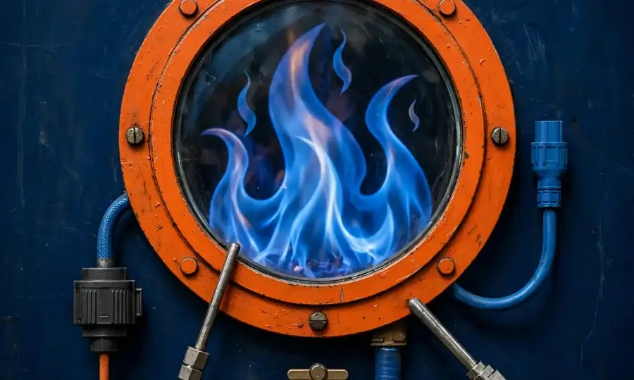 Blue gas flames inside a boiler combustion chamber