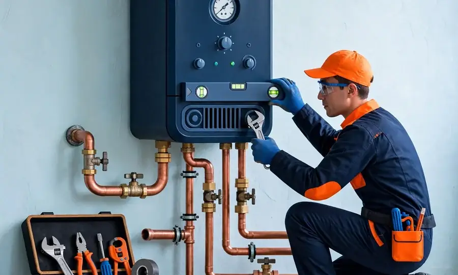 Newly installed wall-mounted boiler with copper pipework