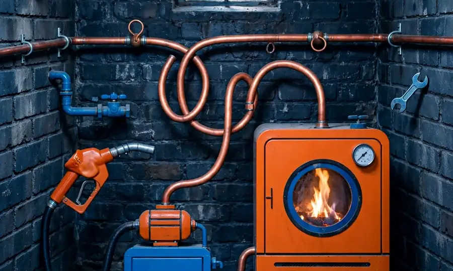 Home heating oil tank with fuel line to burner