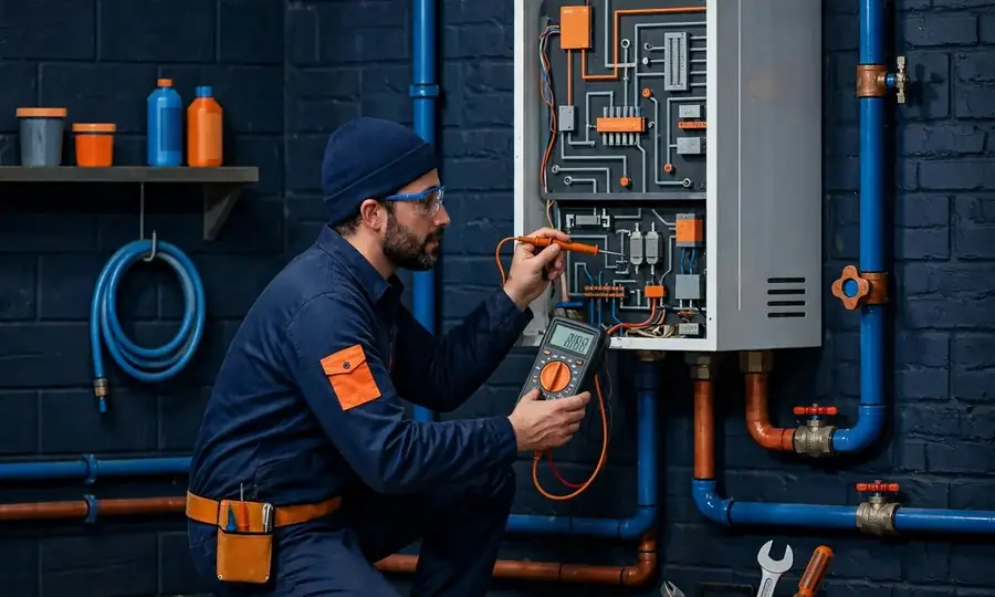 Technician checking boiler pressure gauges