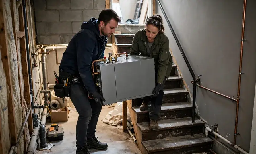 Technicians carrying a new boiler