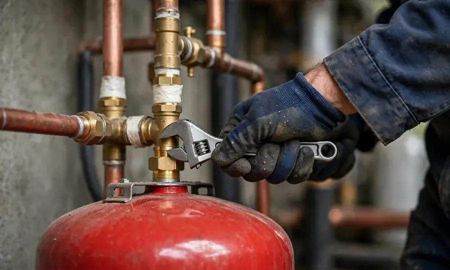 Technician replacing an expansion tank with a wrench