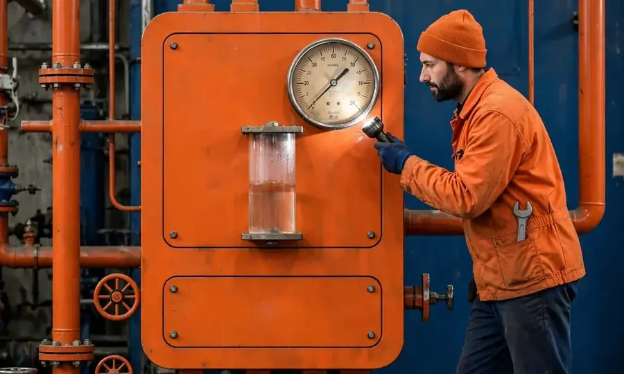 Technician checking a pressure gauge on a Bronx apartment boiler